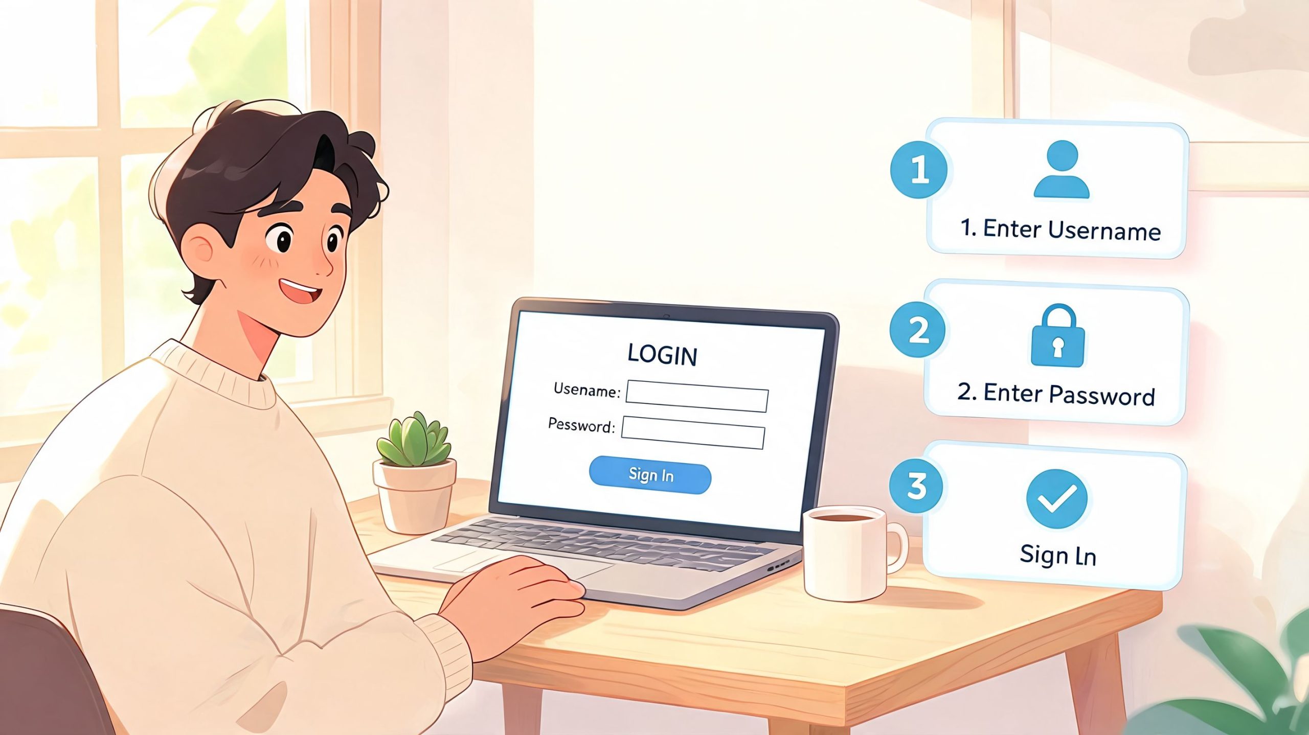 A young man sitting at a desk using a laptop to complete a digital login process.