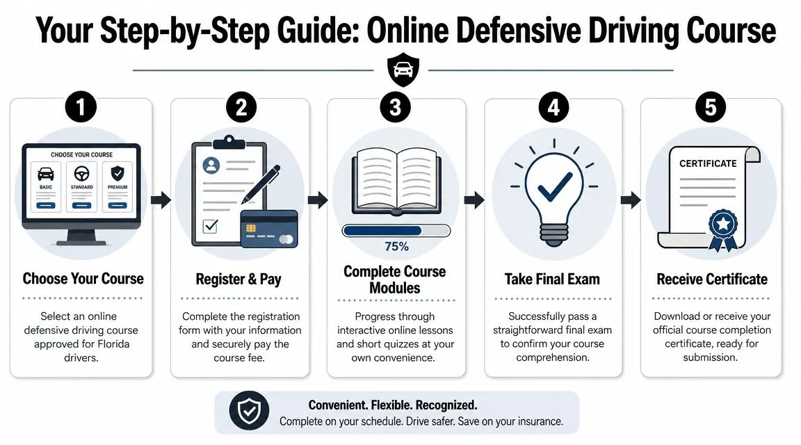 A five-step infographic showing the process for completing an online defensive driving course in Florida.