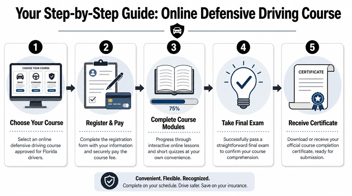 A five-step infographic showing the process for completing an online defensive driving course in Florida.