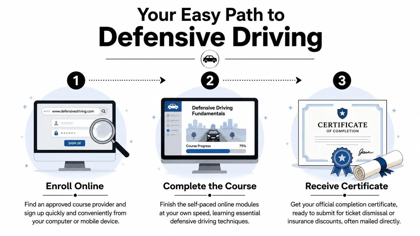 A three-step infographic showing how to enroll in, complete, and receive a certificate for defensive driving.