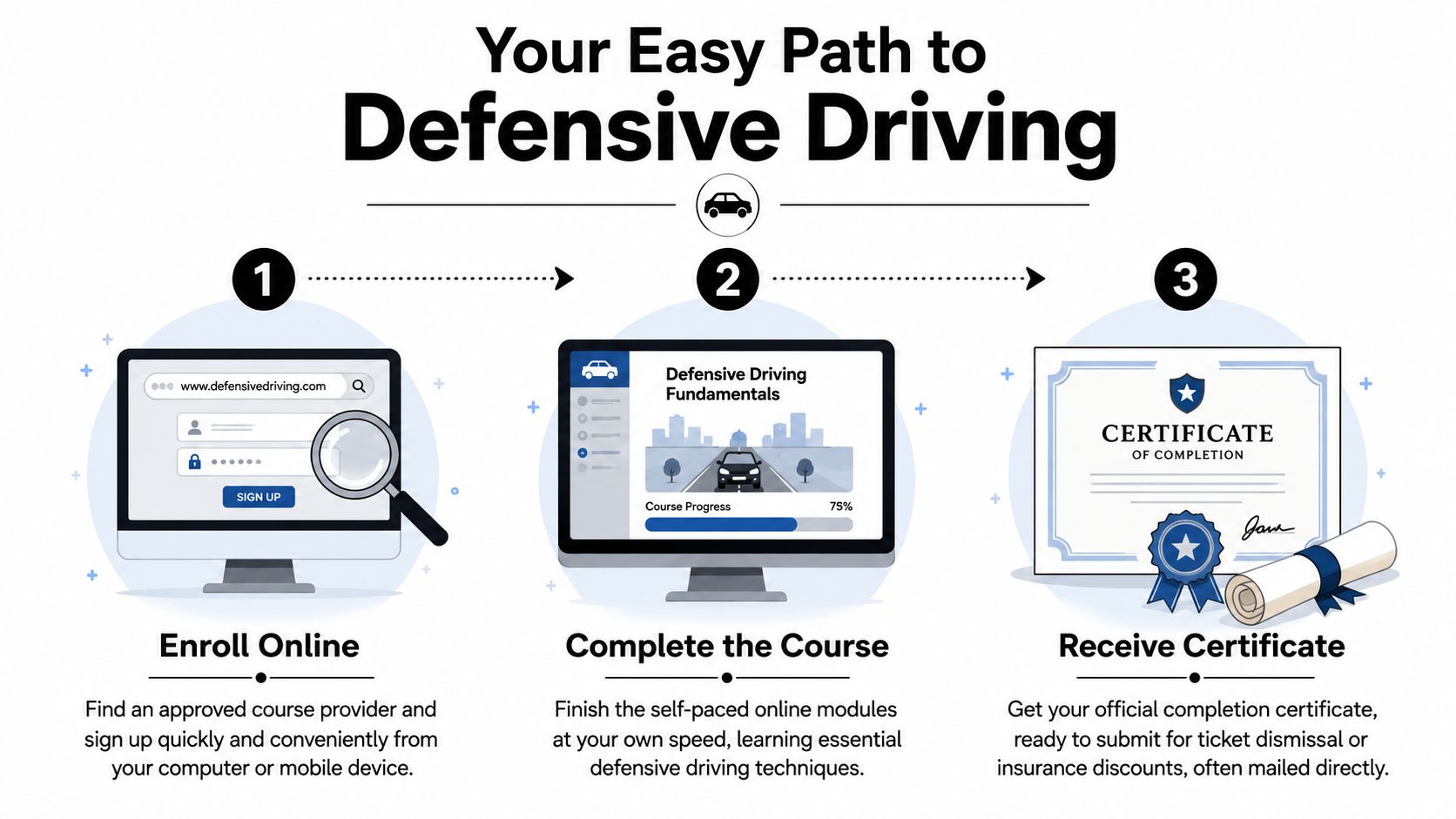 A three-step infographic showing how to enroll in, complete, and receive a certificate for defensive driving.