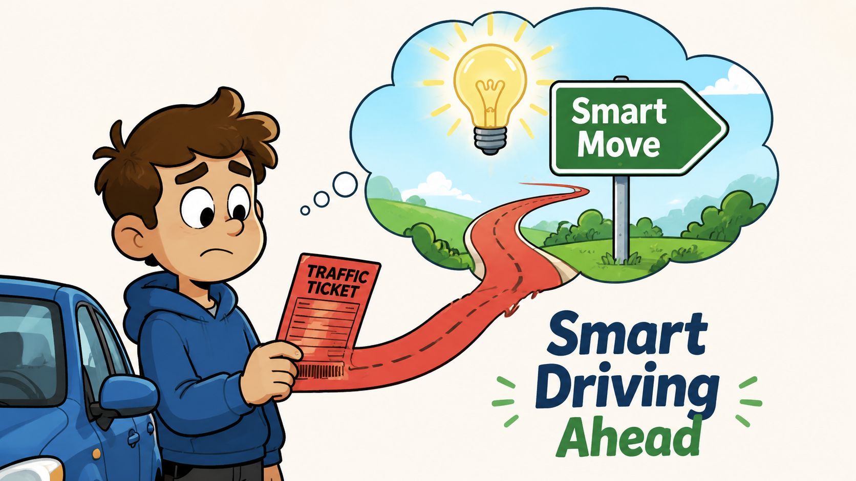 A concerned young driver looking at a traffic ticket while imagining a safer, smarter future on the road.