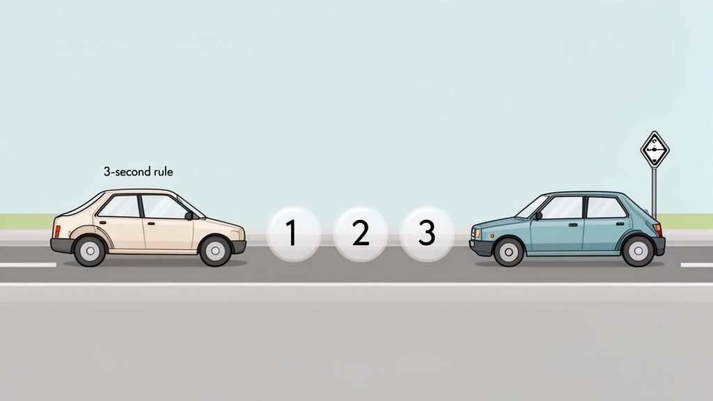 Illustration of the 3-second rule, showing two cars maintaining a safe following distance on a road.