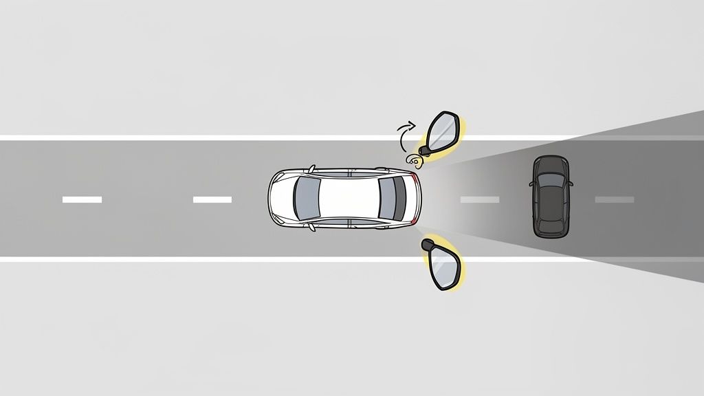 A white car on a highway with illuminated side mirrors indicating a black car in its blind spot.