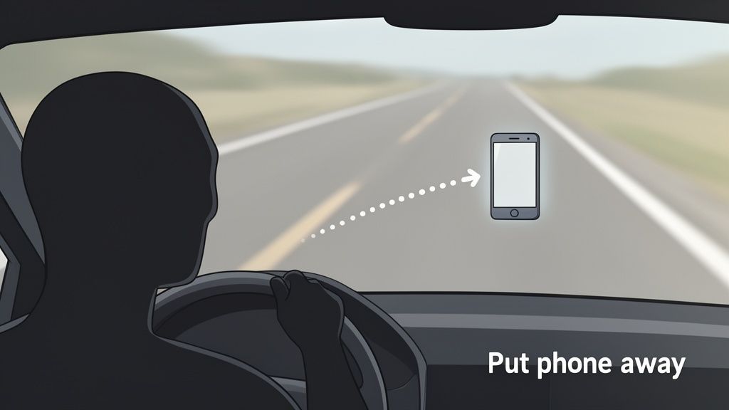 A driver's view showing a smartphone outside the windshield and a 'Put phone away' message.