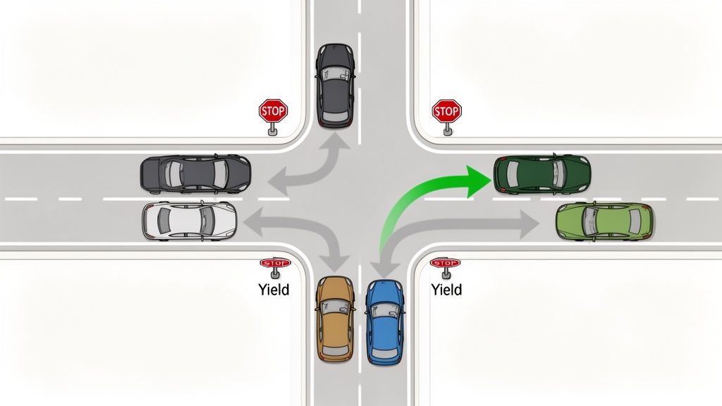 Overhead view of a four-way intersection showing cars, stop and yield signs, with one car turning right.
