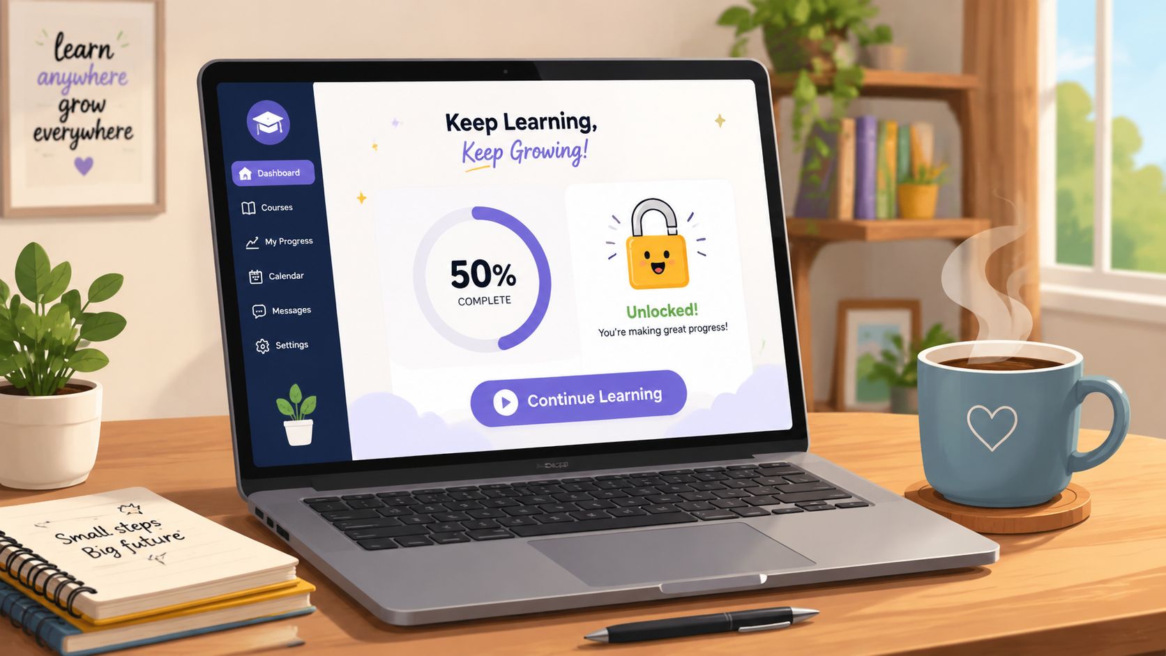 A modern laptop on a wooden desk showing an online learning dashboard with a progress indicator.