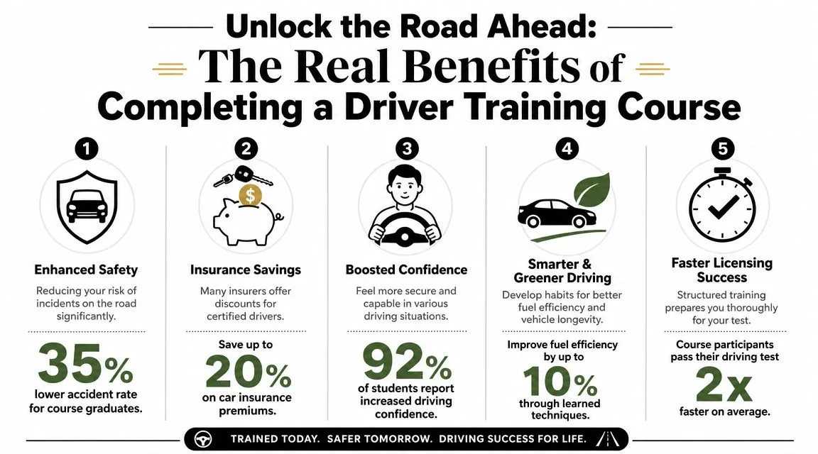 An infographic detailing five key benefits of completing a professional driver training course.