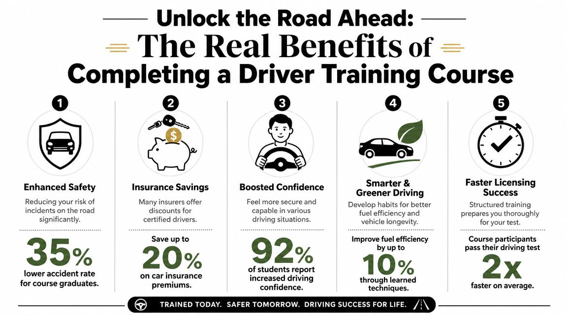 An infographic detailing five key benefits of completing a professional driver training course.