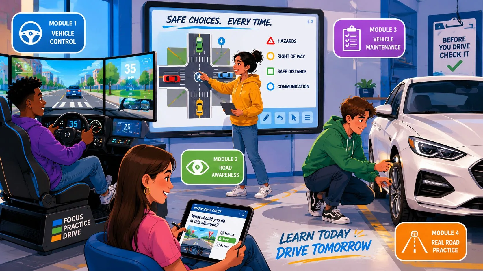 Diverse group of students participating in a comprehensive driver training course using simulators and car maintenance education.