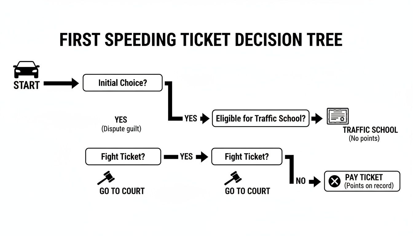 Decision tree flowchart for a first speeding ticket, offering choices like traffic school, fighting in court, or paying.