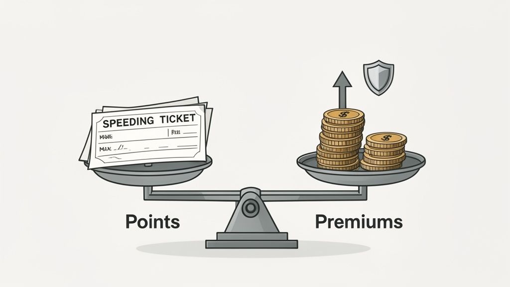 A balance scale shows speeding tickets and points lowering one side, while rising insurance premiums are on the other.