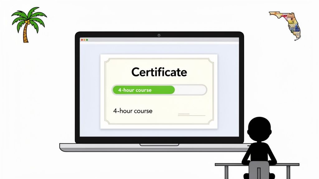 A person views a certificate for a 4-hour online course on a laptop, showing progress.