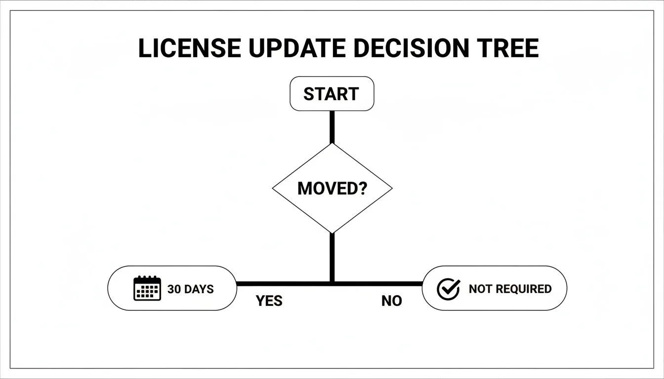 Flowchart illustrating the decision process for updating a license based on a change of address.