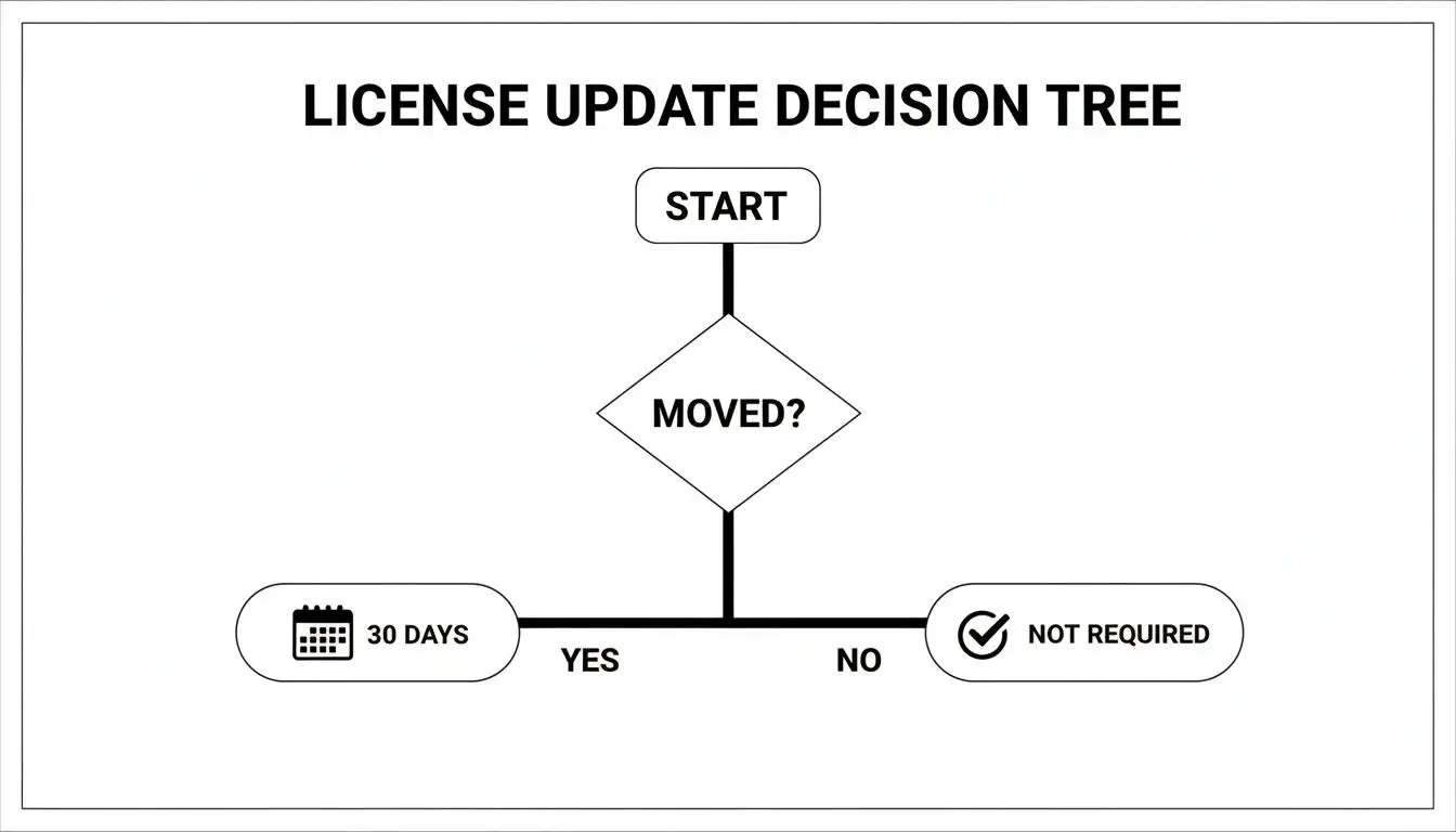 Flowchart illustrating the decision process for updating a license based on a change of address.