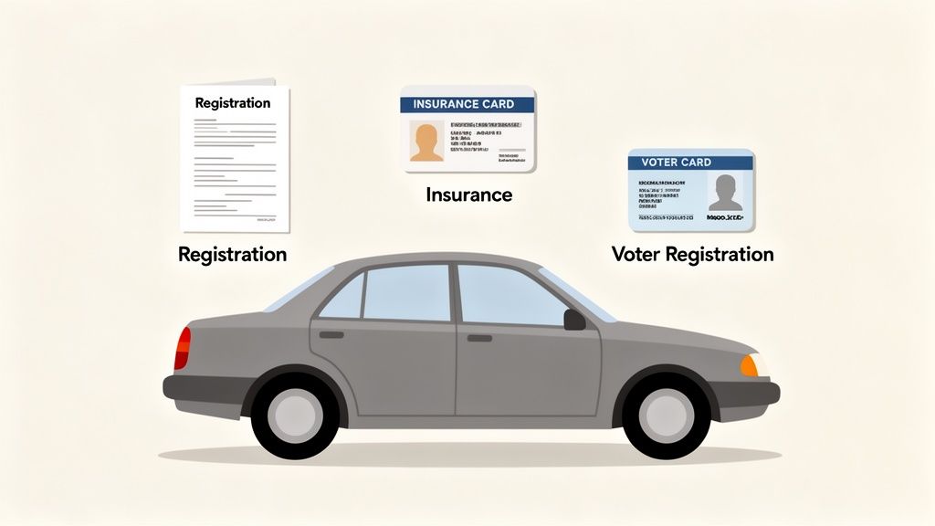 A grey car with documents for registration, insurance, and voter registration floating above it.