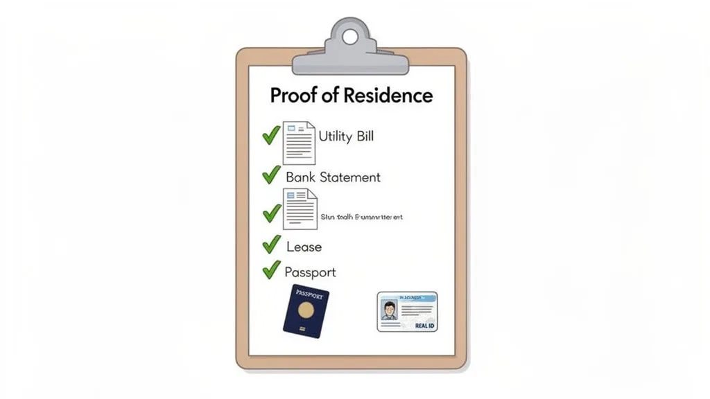 A clipboard listing documents for proof of residence, including utility bill, bank statement, lease, and passport.