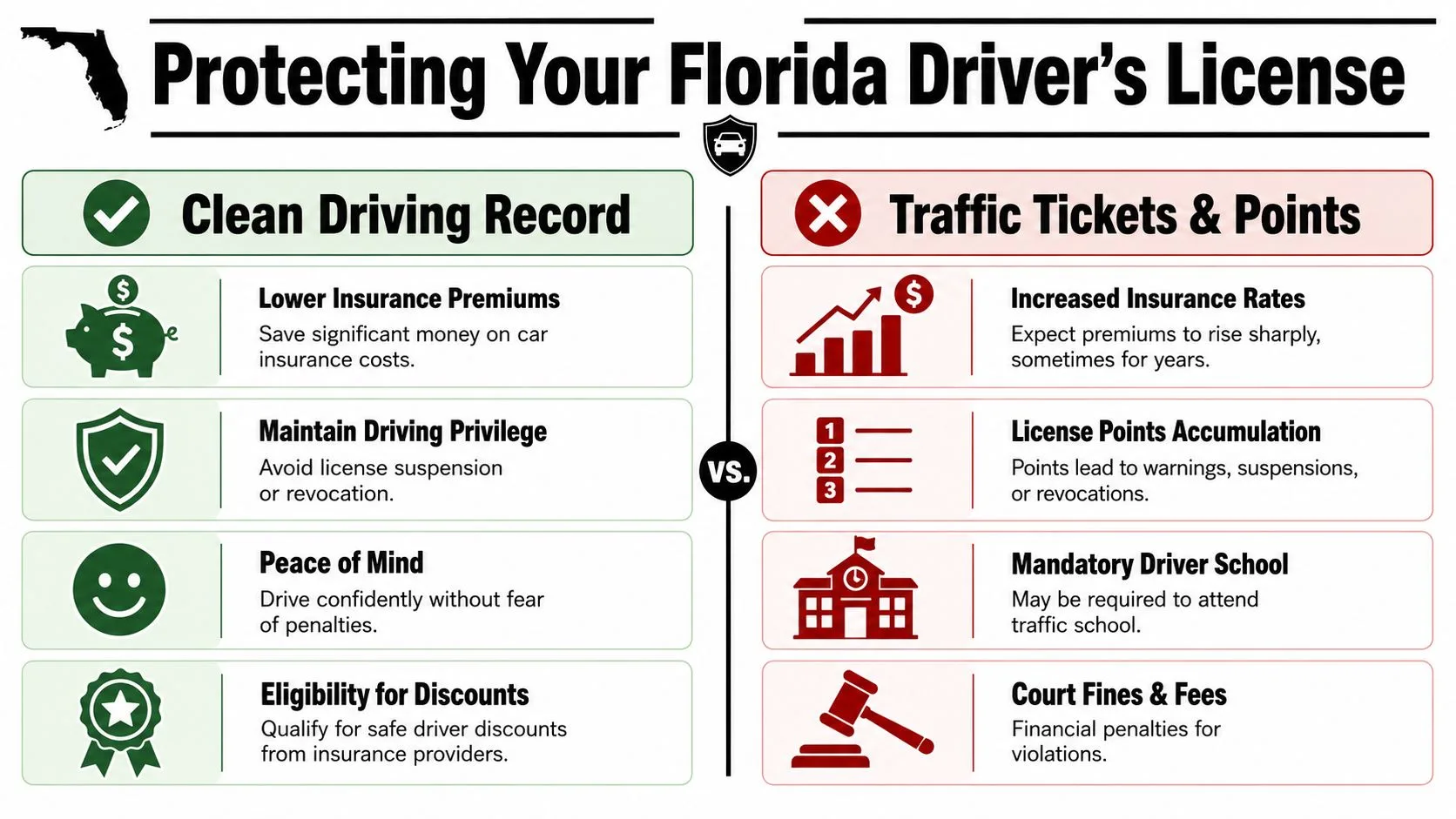 A comparison infographic showing the benefits of a clean driving record versus the consequences of traffic tickets in Florida.