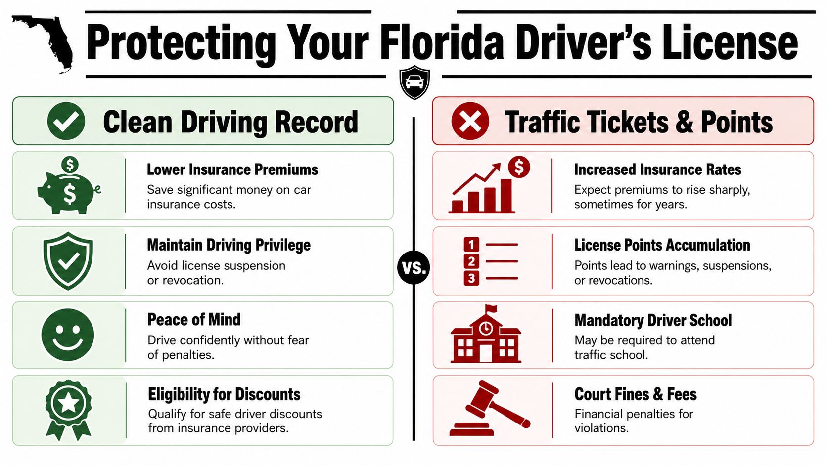 A comparison infographic showing the benefits of a clean driving record versus the consequences of traffic tickets in Florida.