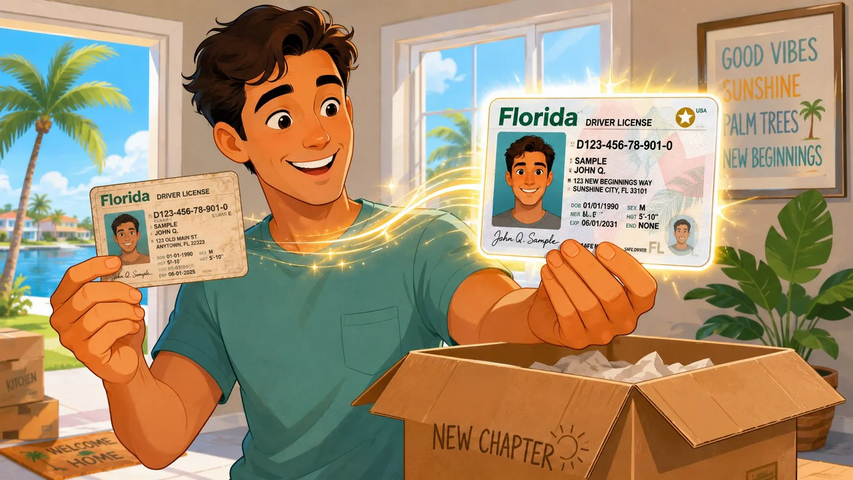 A happy man holding an old and a new Florida driver license while moving into a house.
