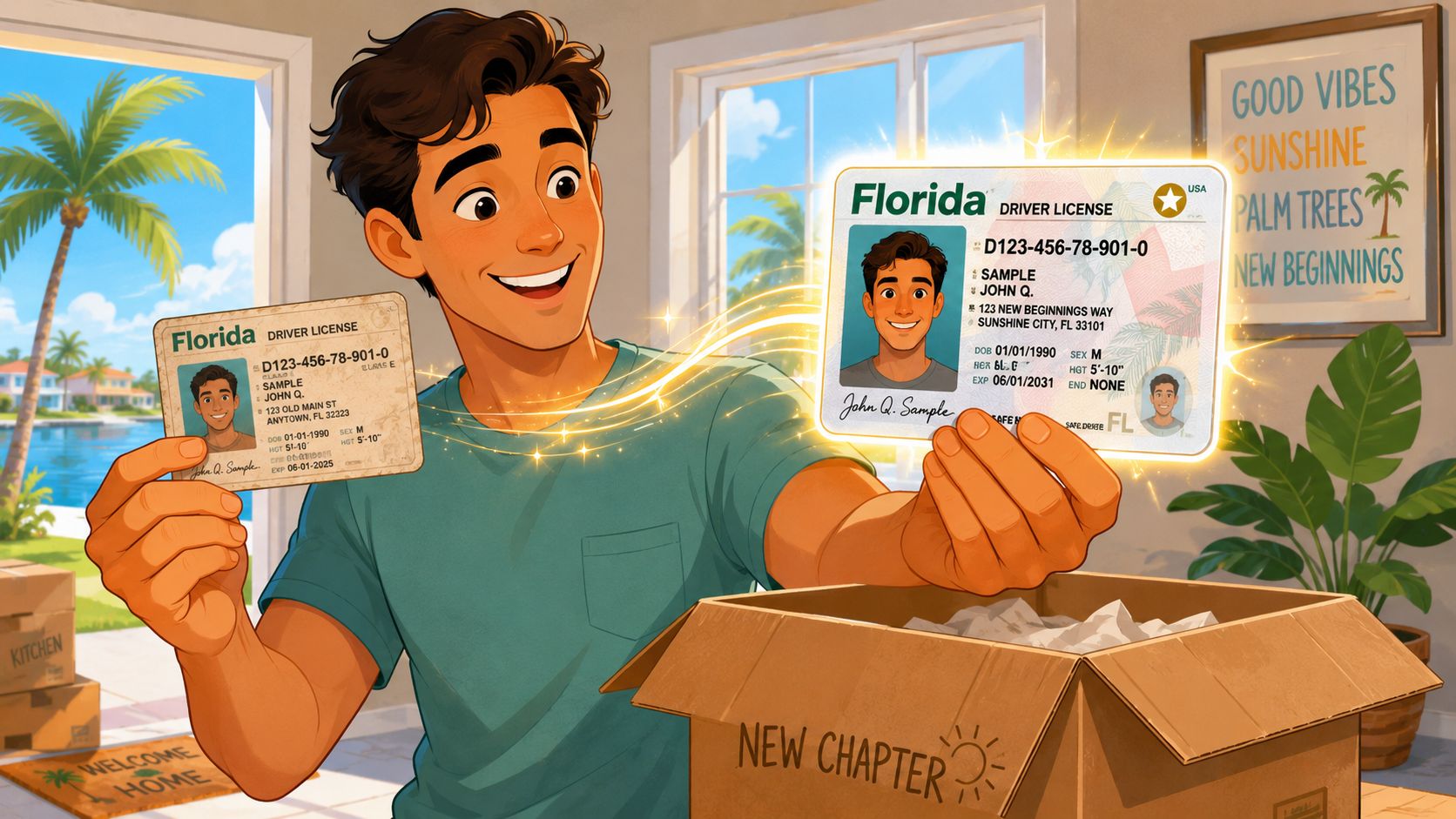 A happy man holding an old and a new Florida driver license while moving into a house.