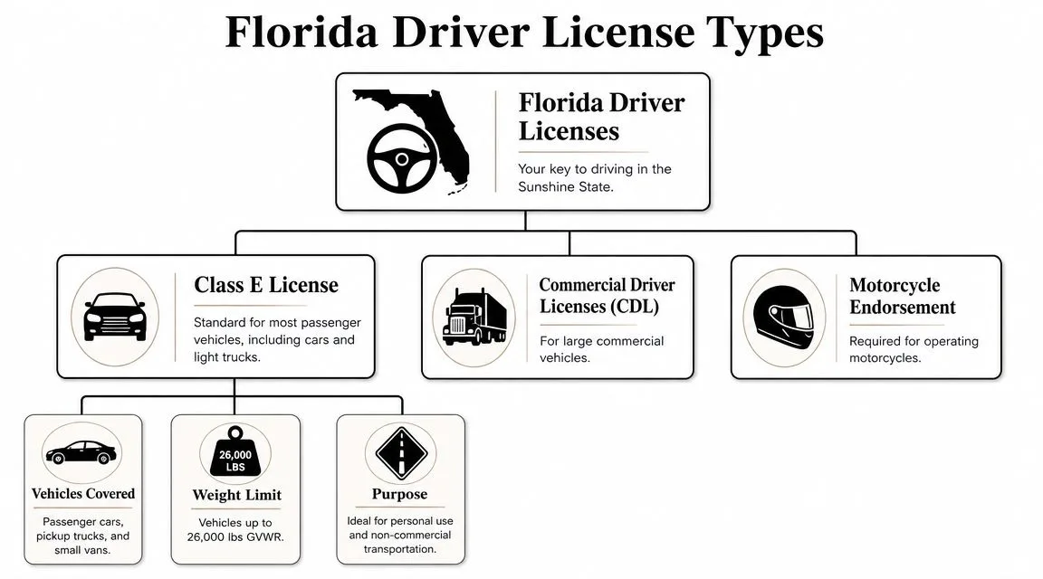 An infographic diagram outlining the different types of driver licenses and endorsements available in Florida.