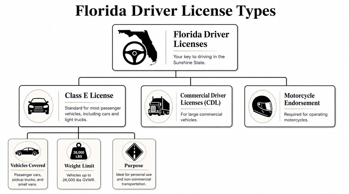 An infographic diagram outlining the different types of driver licenses and endorsements available in Florida.