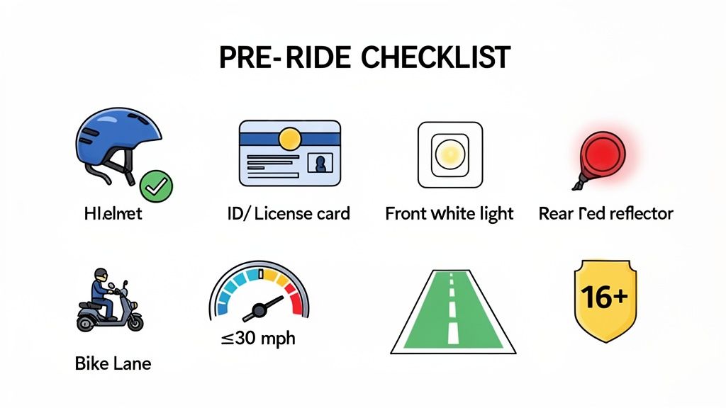 A pre-ride checklist for scooter safety with icons for helmet, license, lights, speed, bike lane, and age 16+.