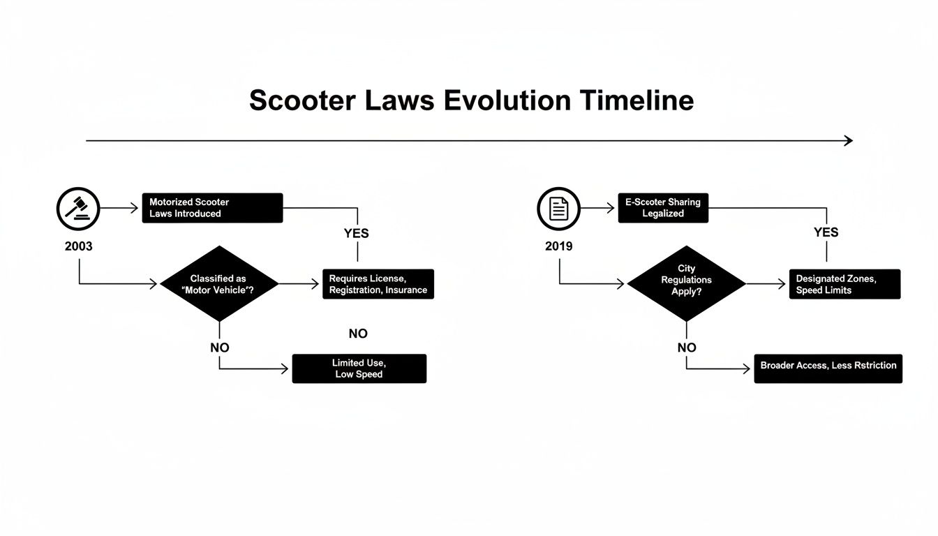 Timeline illustrating the evolution of scooter laws, detailing regulations for motorized and e-scooters from 2003 to 2019.
