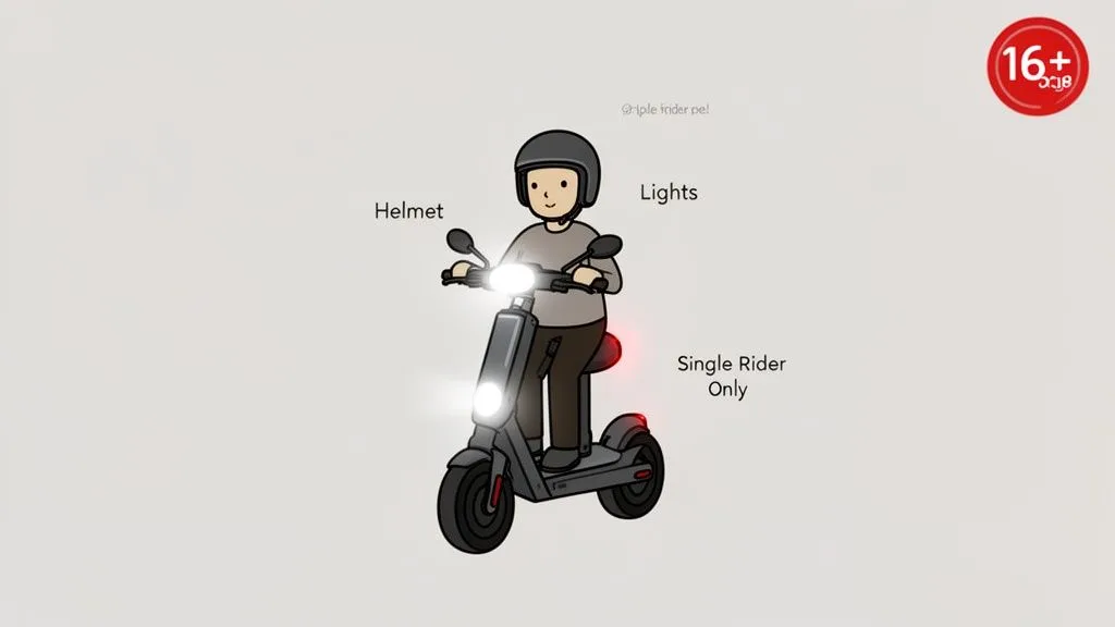 A cartoon person rides an electric scooter with helmet and lights on, showing rules like single rider and 16+ age.