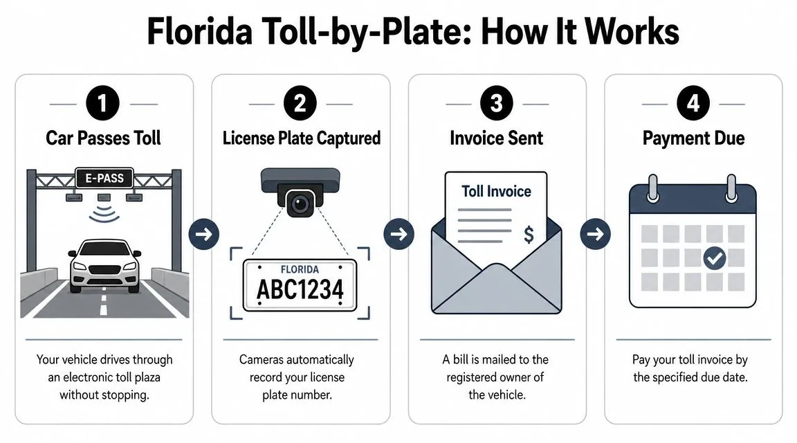 A four-step infographic explaining how the Florida Toll-by-Plate process works for drivers passing through toll plazas.
