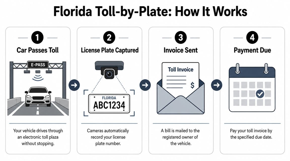 A four-step infographic explaining how the Florida Toll-by-Plate process works for drivers passing through toll plazas.