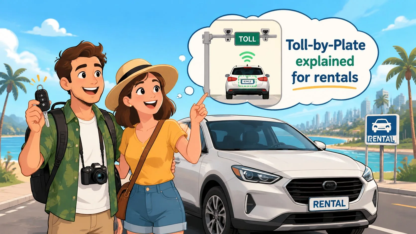 A couple standing next to a white rental car with a thought bubble illustrating toll-by-plate systems.