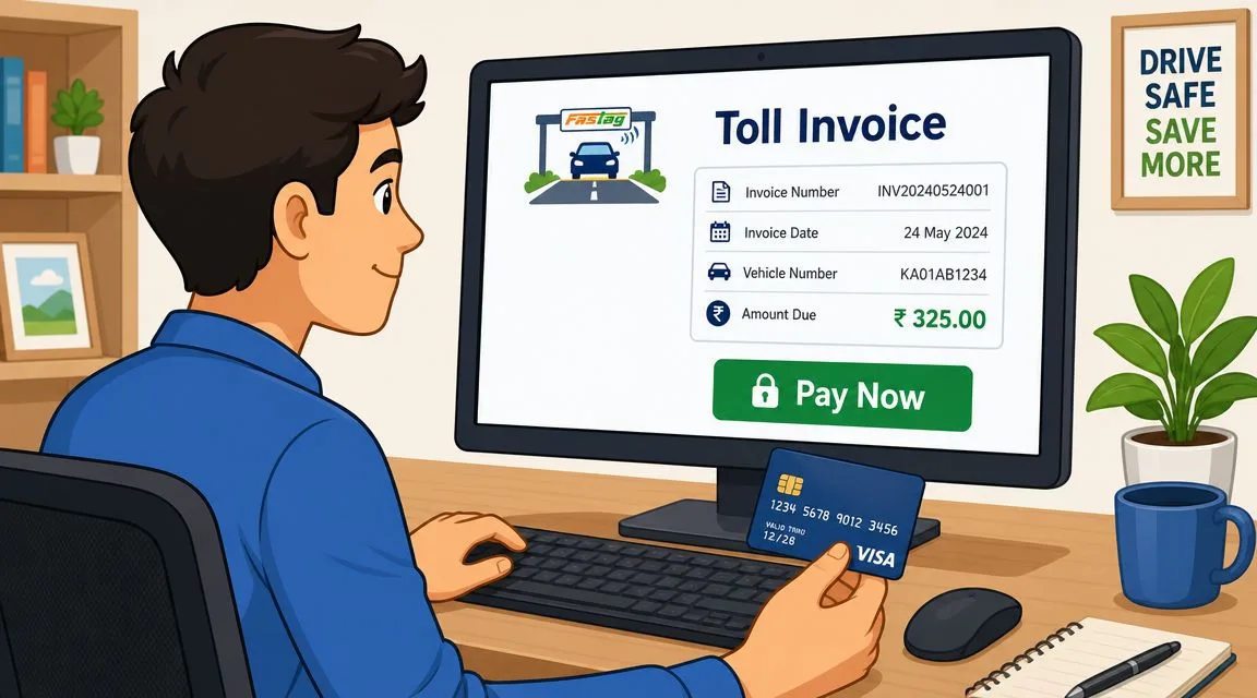 A young man sitting at a desk paying a digital Fastag toll invoice using a credit card.