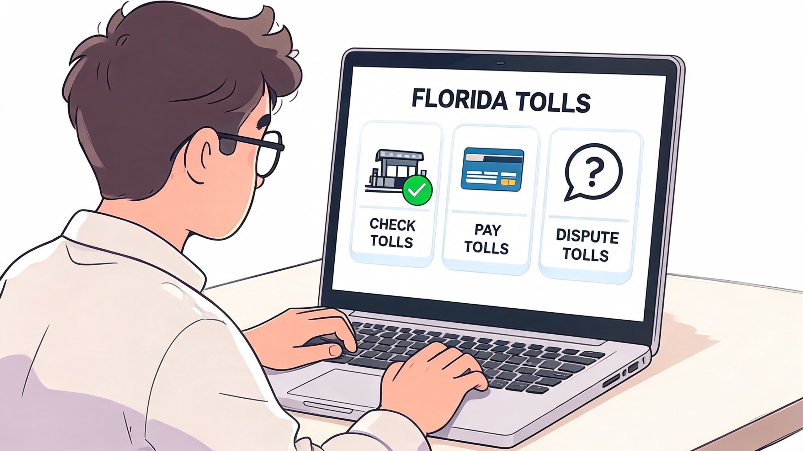 A person uses a laptop to navigate the Florida Tolls website to manage toll payments and disputes.