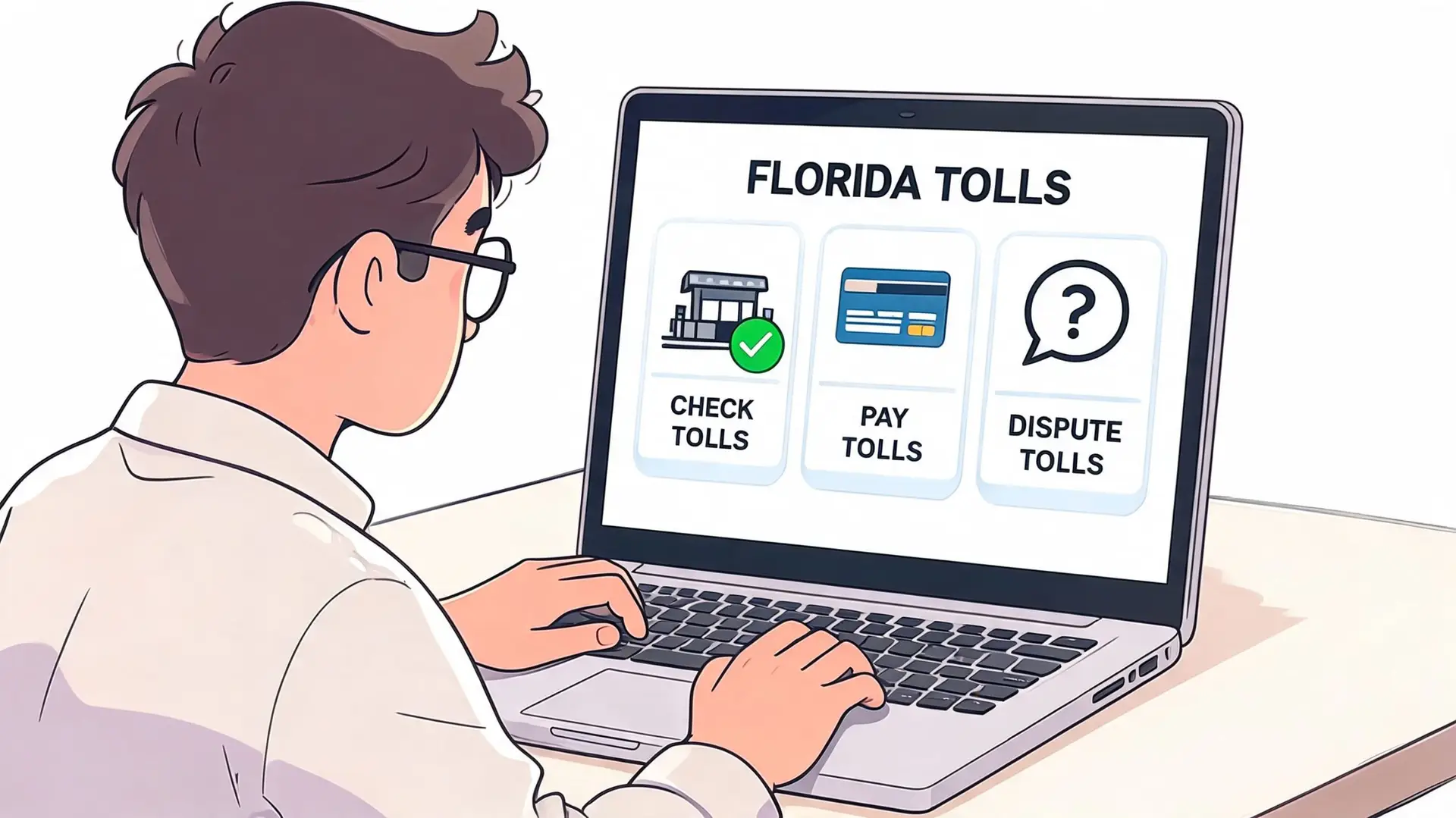 A person uses a laptop to navigate the Florida Tolls website to manage toll payments and disputes.