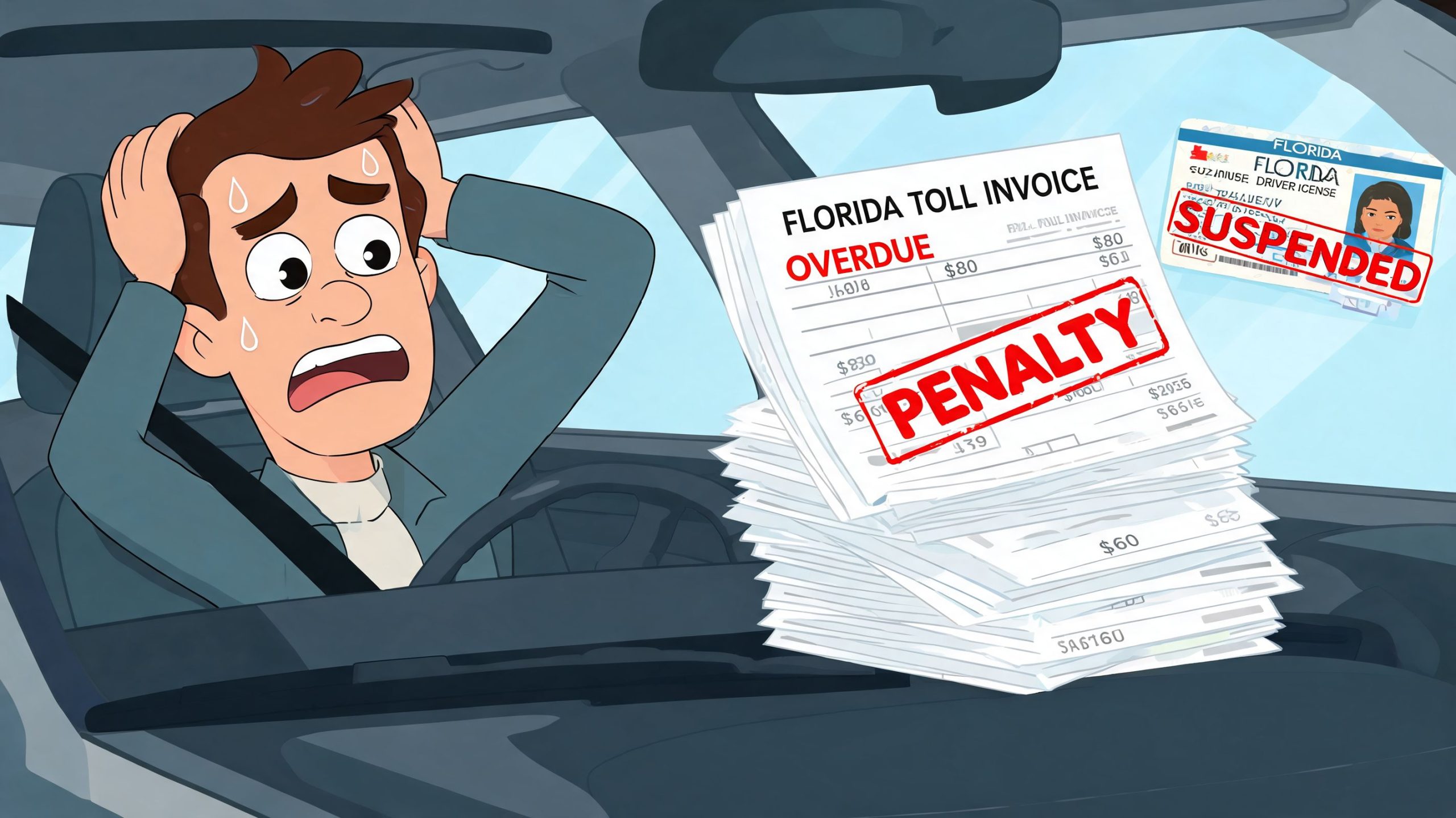A panicked driver in a car surrounded by a large stack of overdue Florida toll violation invoices.
