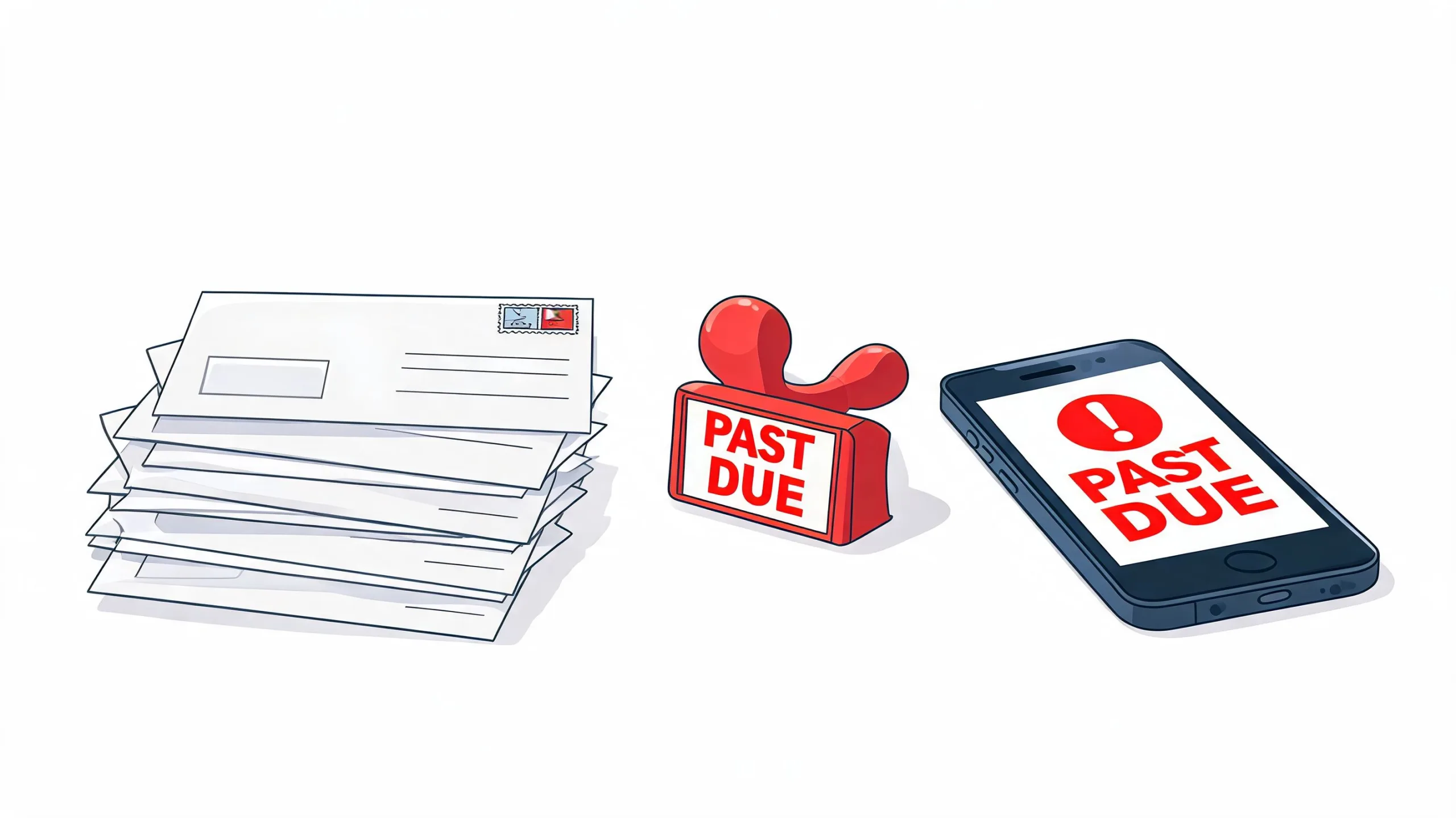 A stack of white envelopes, a red rubber stamp, and a smartphone displaying a Past Due alert.