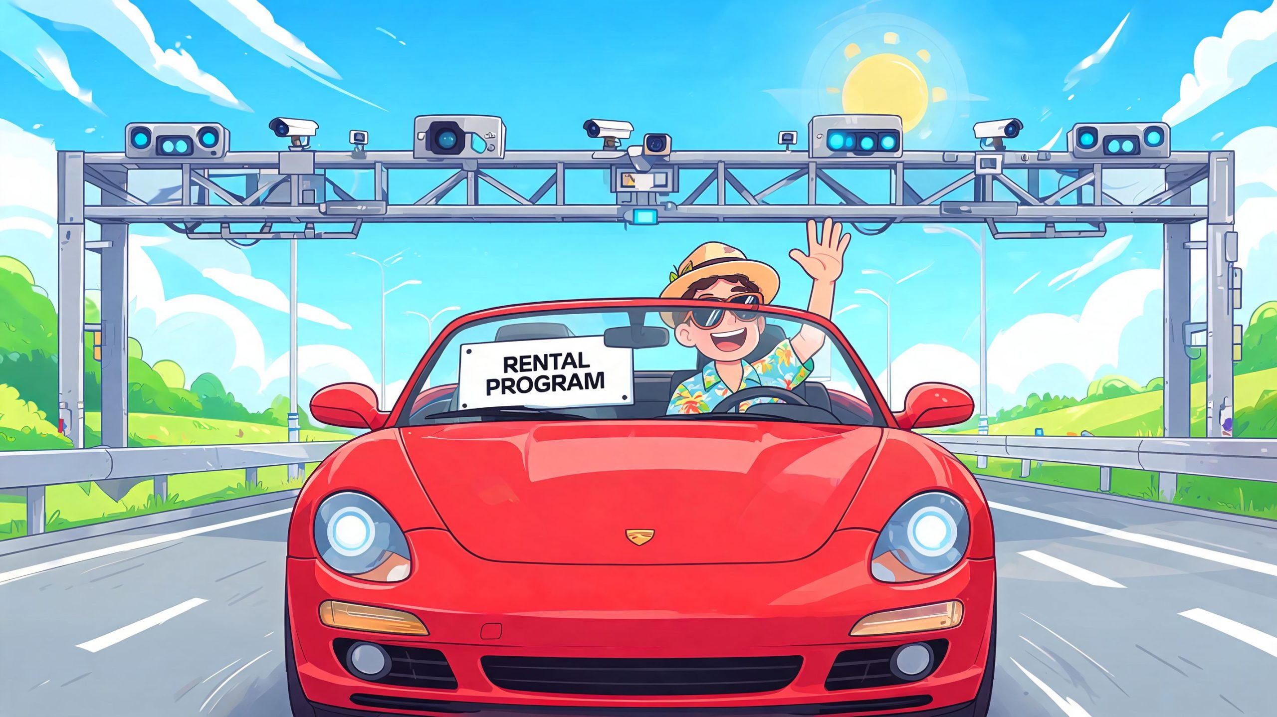 A happy man driving a red convertible car under a highway toll collection gantry with cameras.