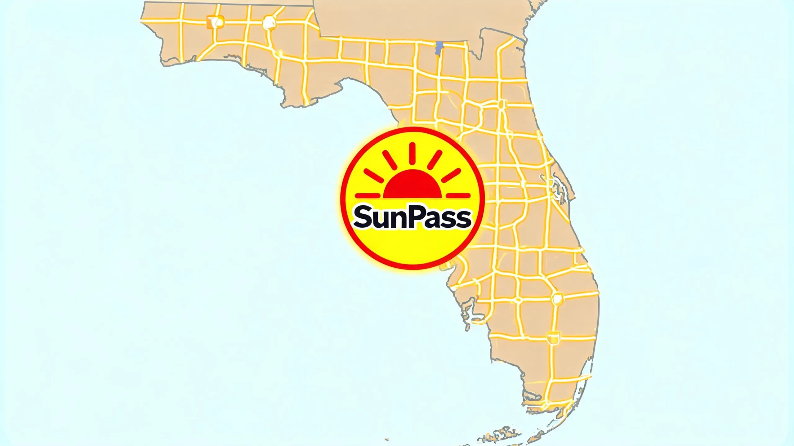 A map of Florida featuring a prominent SunPass logo representing electronic toll collection systems across the state.