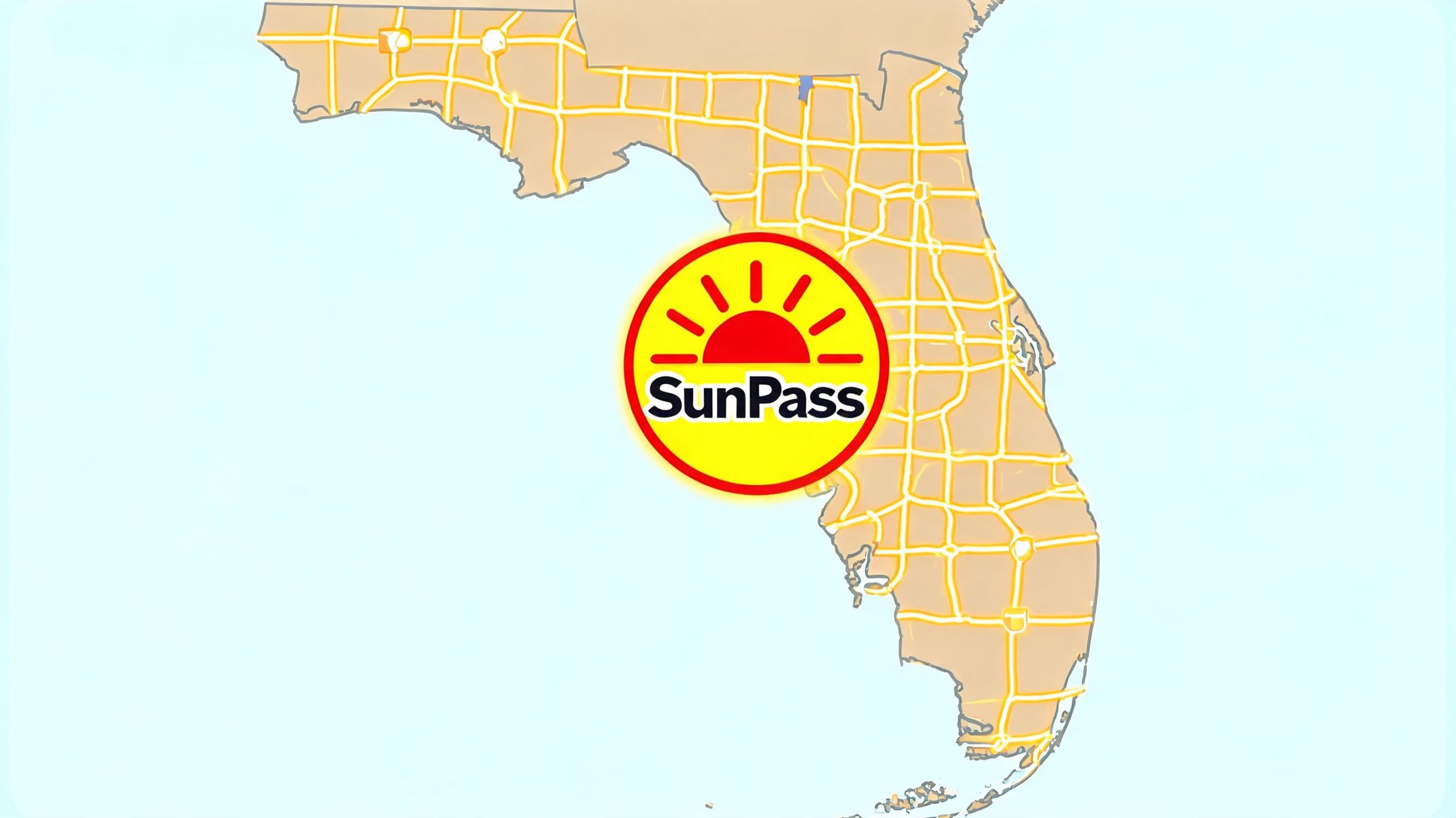 A map of Florida featuring a prominent SunPass logo representing electronic toll collection systems across the state.