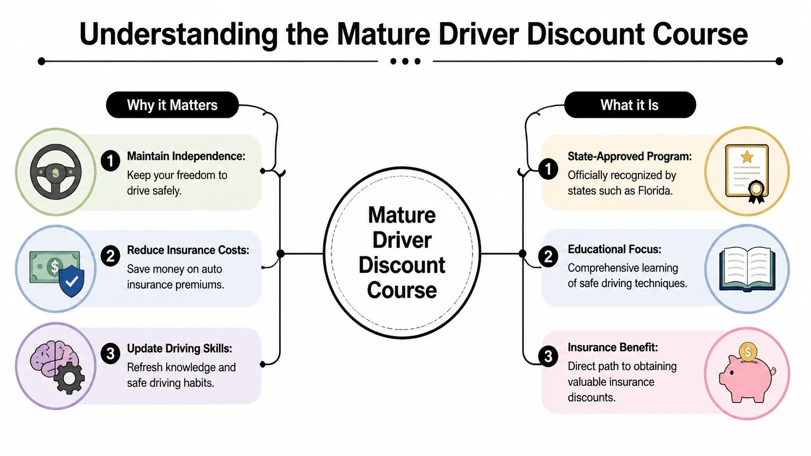 An infographic titled Understanding the Mature Driver Discount Course, illustrating its benefits and key educational components.