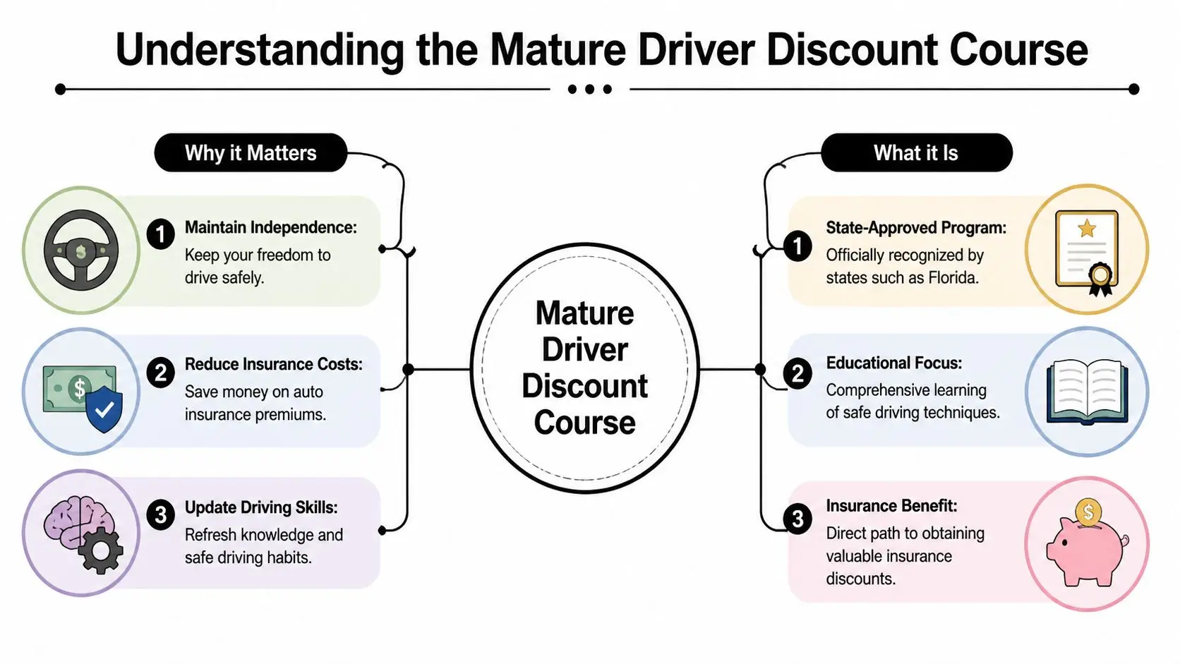 An infographic titled Understanding the Mature Driver Discount Course, illustrating its benefits and key educational components.
