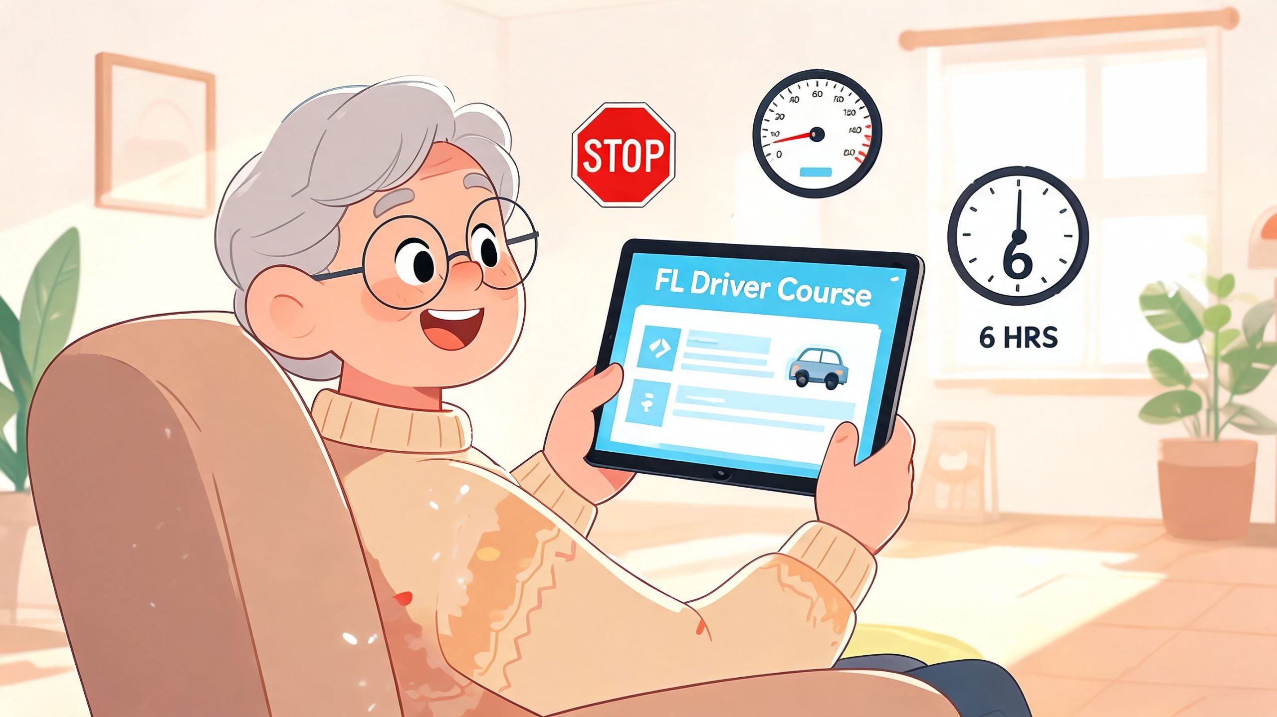An elderly person sitting in a chair holding a digital tablet displaying an online Florida driver course.