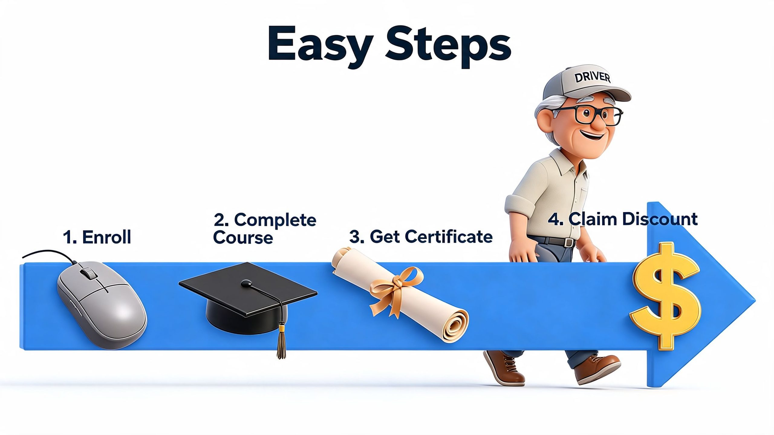 An animated driver shows four simple steps to earn a discount through an online education course.