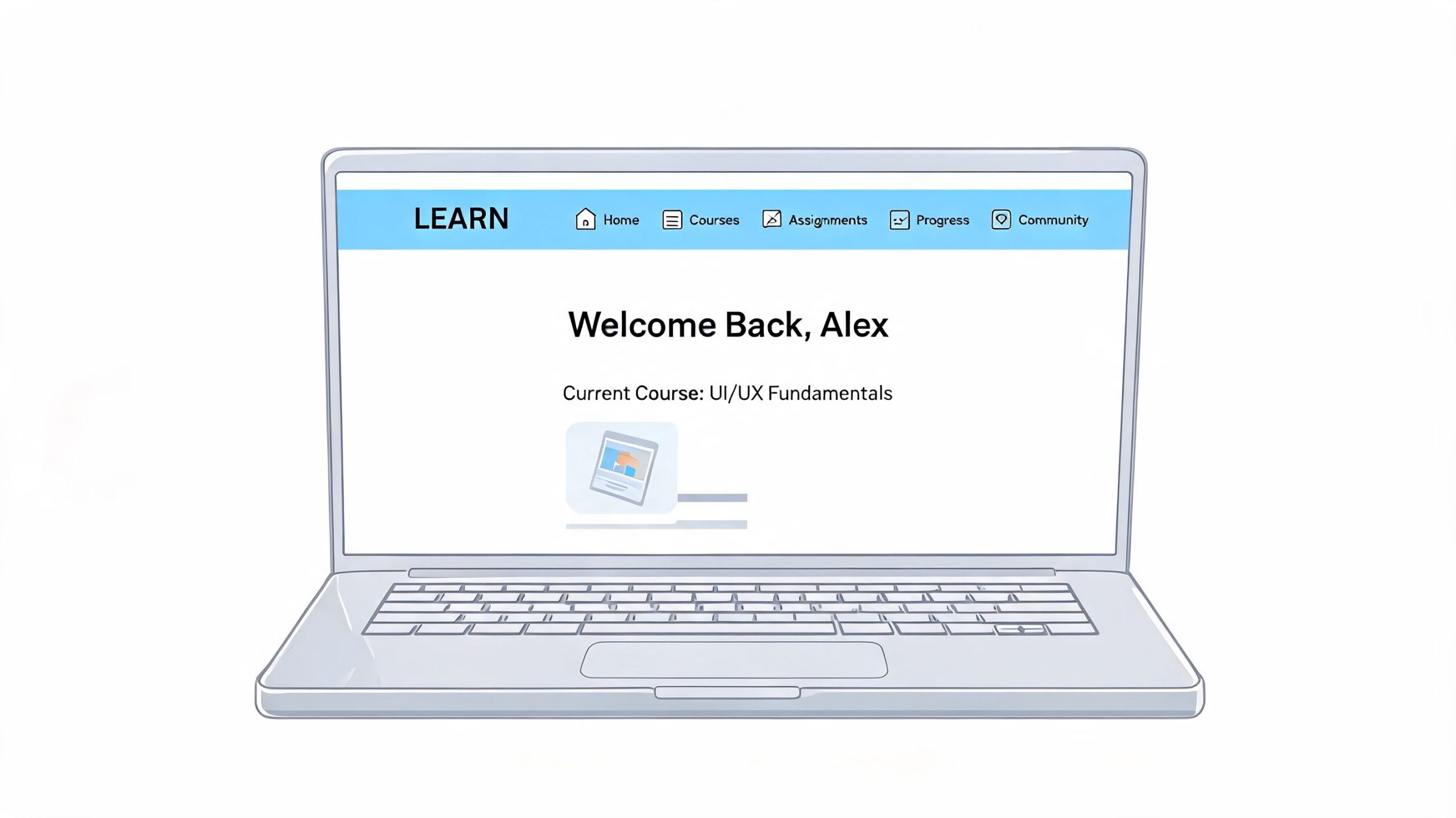 A laptop screen displaying an online learning dashboard with a personalized welcome message for the user Alex.