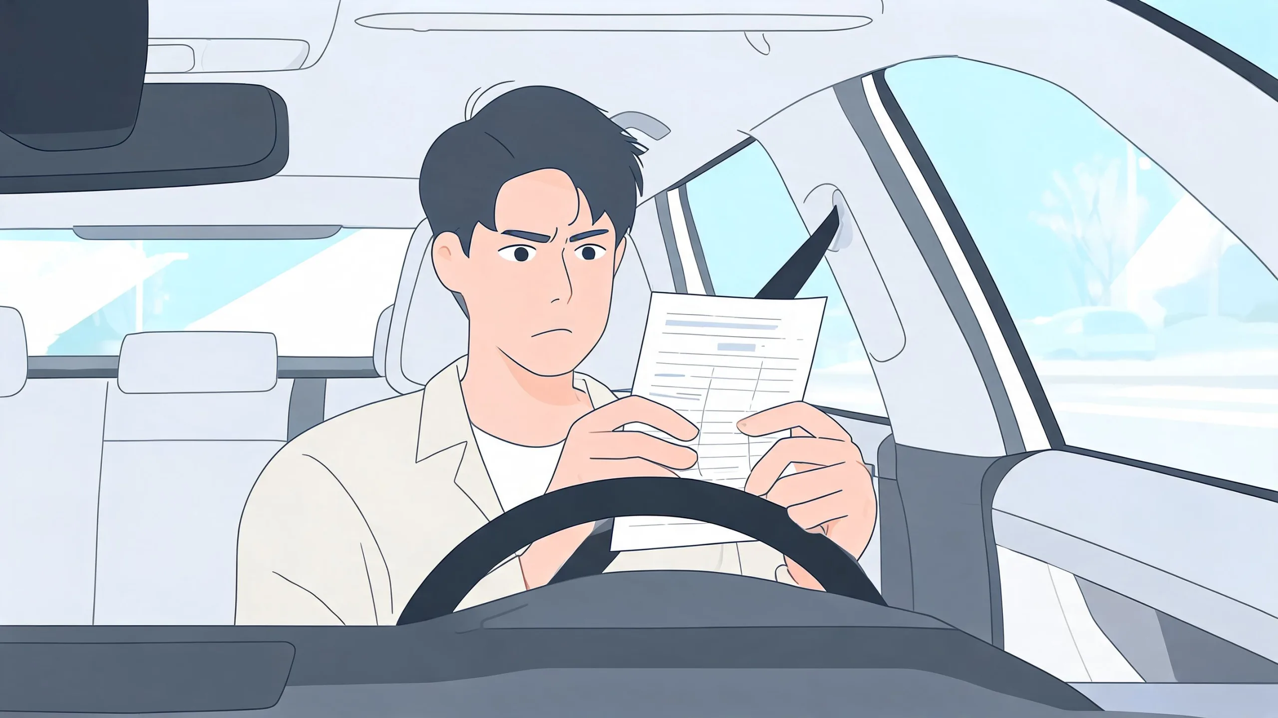 A frustrated young man sitting in a car holding a document while looking confused and worried.