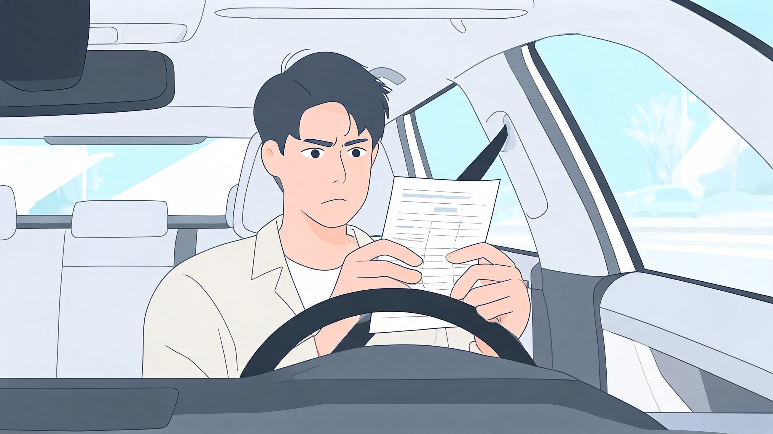 A frustrated young man sitting in a car holding a document while looking confused and worried.