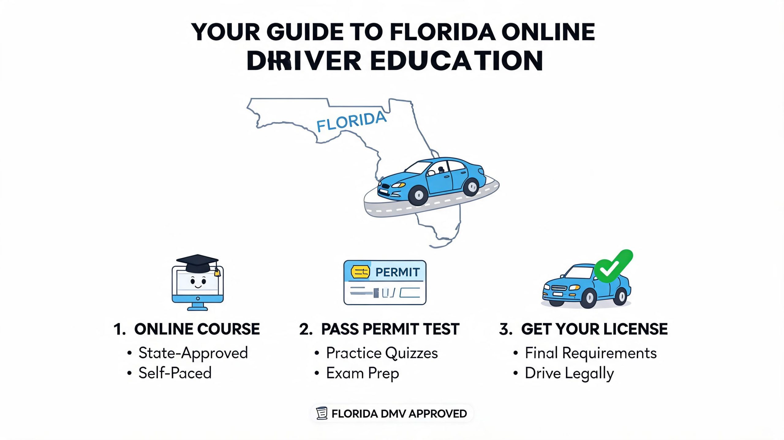 A simplified three-step infographic explaining how to complete Florida online driver education to get a license.