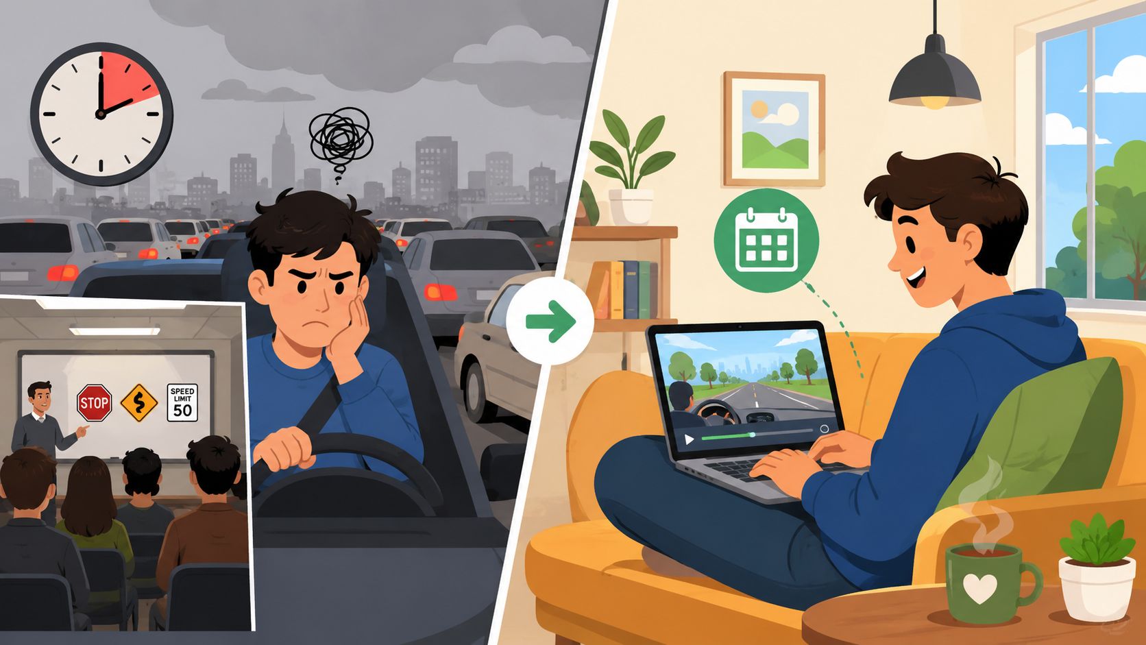 A split screen comparing a stressed driver in traffic with someone learning to drive via online courses.